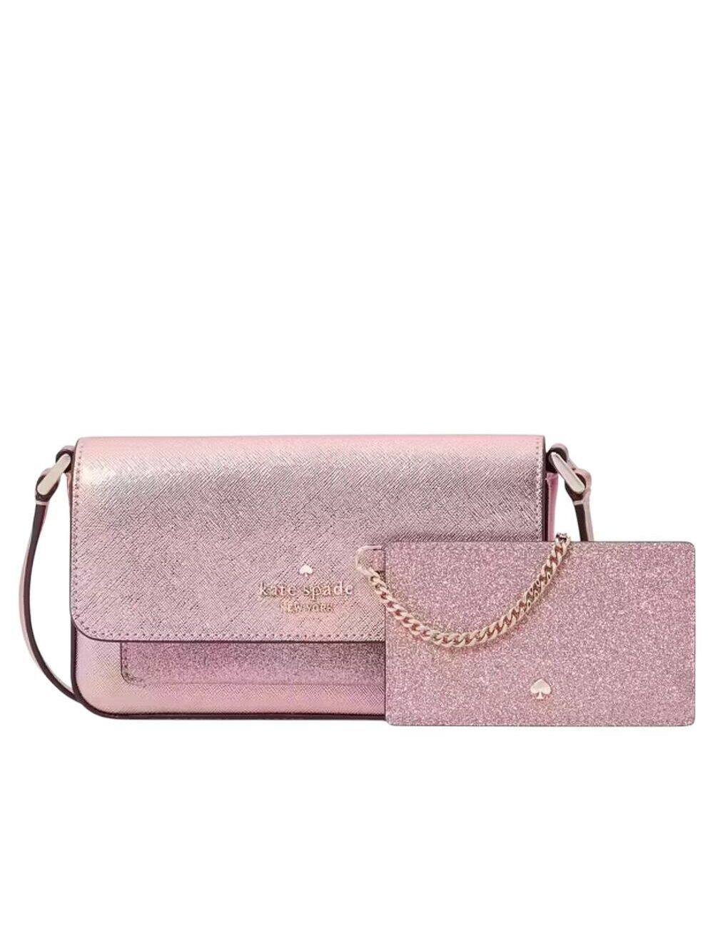 KATE SPADE CROSSBODY PURSE & CARD HOLDER PINK GLIMMER GLITTER BOXED DUO NEW!